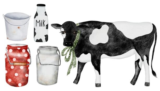 Cow and milk watercolor set. Hand drawn drawing of livestock, bottle and drinkware. Isolated clip art on white background. Ideal for packaging dairy farm products. High quality illustration