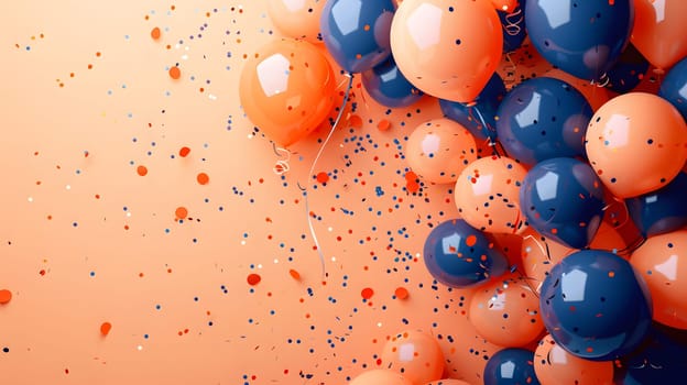 Vibrant orange and electric blue balloons and confetti create a colorful pattern against an orange background, resembling a lively celebration filled with circles of recreation