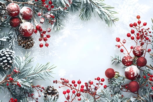 A festive Christmas wreath made of pine cones, red berries, and Christmas balls displayed on a white background, showcasing a beautiful blend of plant elements and holiday ornaments