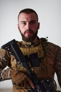 Modern warfare soldier portrait in urban environment.