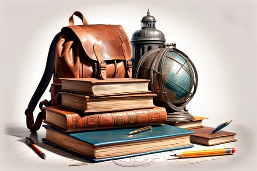 school backpack with books and school supplies .