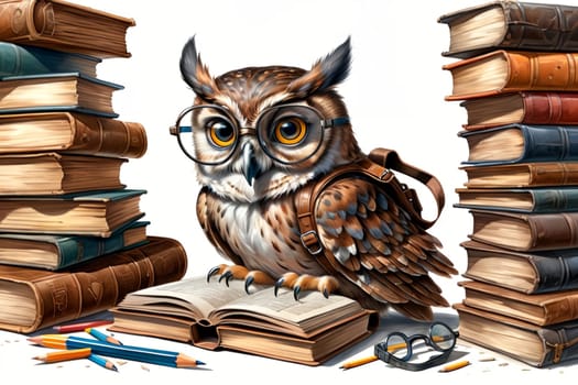 cute owl in glasses with books .