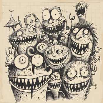 A monochromatic illustration featuring a group of happy monsters with big smiles on their expressive faces, showcasing various jaw structures and facial bone formations