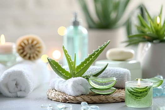 A houseplant aloe vera sits on a stack of towels, a terrestrial plant with rectangular leaves. The green plant is a popular choice for its medicinal properties