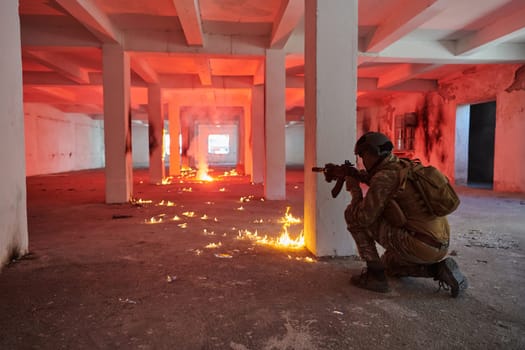 A group of professional soldiers bravely executes a dangerous rescue mission, surrounded by fire in a perilous building