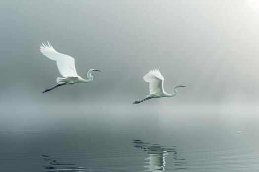 A white bird is flying over a body of water. The water is calm and still, with ripples forming around the bird. The scene is peaceful and serene, with the bird soaring high above the water