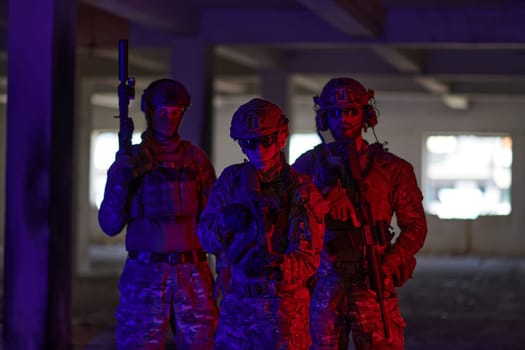 soldier squad team walking in urban environment colored lightis.