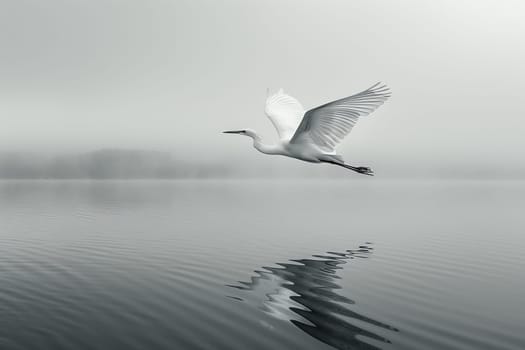 A white bird is flying over a body of water. The water is calm and still, with ripples forming around the bird. The scene is peaceful and serene, with the bird soaring high above the water