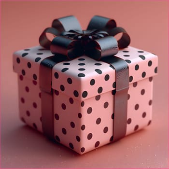 A rectangular pink gift box adorned with black polka dots and a stylish black bow tie. The design is perfect for creative arts enthusiasts looking to make a fashionable statement