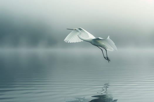 A white bird is flying over a body of water. The water is calm and still, with ripples forming around the bird. The scene is peaceful and serene, with the bird soaring high above the water