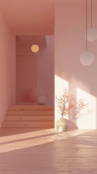 Sunlight filters through, illuminating a staircase and elegant decor