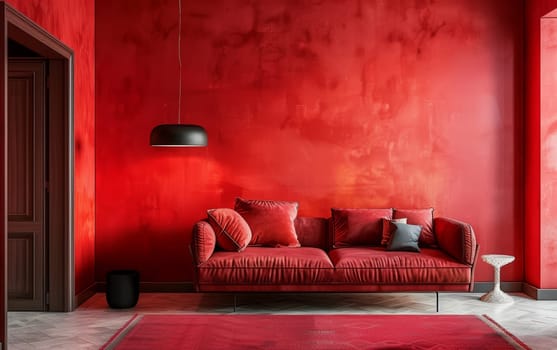 Radiant red hues dominate this spacious living area. Sleek design meets cozy comfort