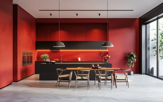 Bold red kitchen with sleek cabinetry and modern dining set. A mix of warm tones and cool sophistication