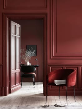 A classic study room framed with deep red walls and vintage textures. Refined elegance meets academic charm