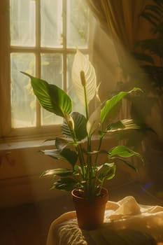 A houseplant in a flowerpot sits on a wooden table next to a window, with the buildings grass visible outside, casting tints and shades on the plant