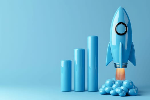 Business growth and startup concept. Rocket and financial chart on blue background.