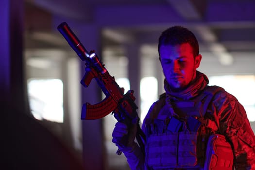 A professional soldier undertakes a perilous mission in an abandoned building illuminated by neon blue and purple lights.