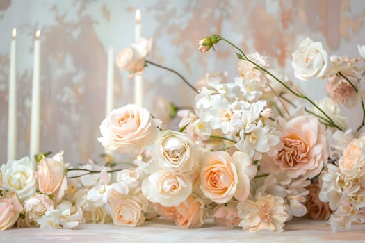 A beautiful arrangement of garden roses, hybrid tea roses, and various flowers and candles creatively displayed on a table in a gorgeous bouquet