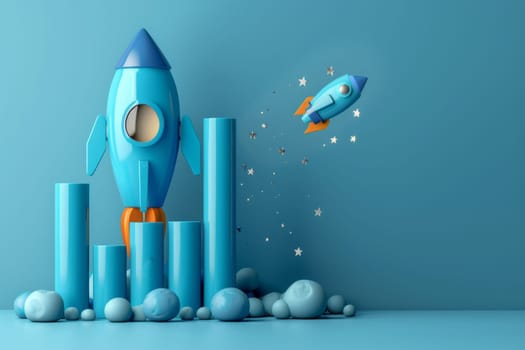 Business growth and startup concept. Rocket and financial chart on blue background.