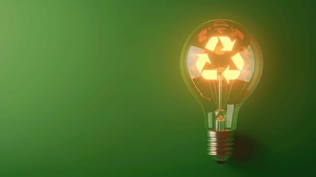 A light bulb with glowing recycling symbol inside on green background, Concept of eco friendly.