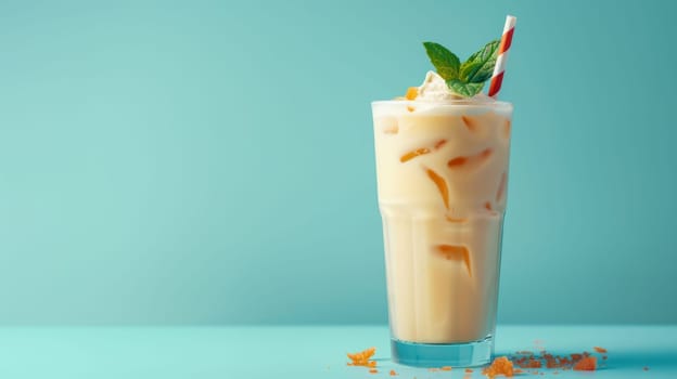 A glass of blended drink with a straw in it. The drink is on a blue table