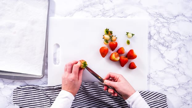 Flat lay. Succulent red strawberries, some showing early spoilage, are arrayed on a white cutting board, held securely in place, with a paper towel lined glass bowl nearby suggesting an attempt at preservation.