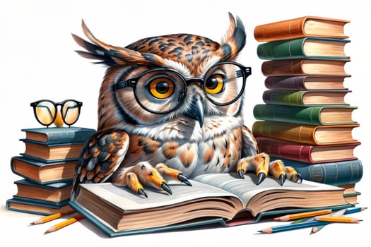 cute owl in glasses with books .