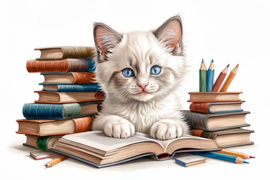 cute kitten student with textbooks .