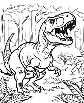 A cartoon illustration of a trex dinosaur with its jaws open in a black and white drawing, set in a jungle. The extinct terrestrial organism is a popular subject in art