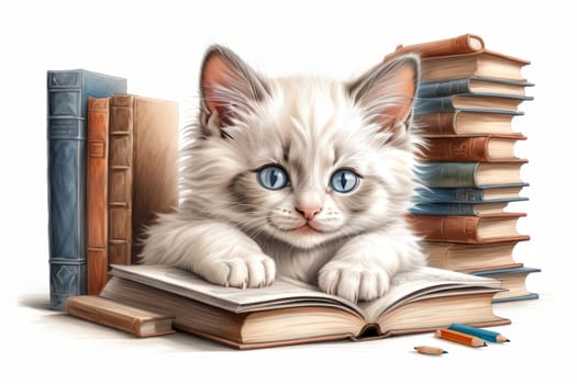 cute kitten student with textbooks .