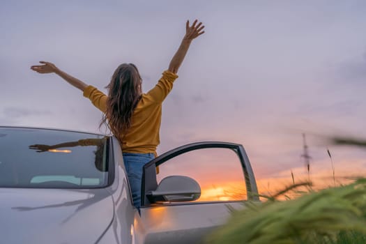 A woman is standing in the open door of a car, with her arms raised in the air. The scene is set against a backdrop of a sunset, creating a warm and peaceful atmosphere