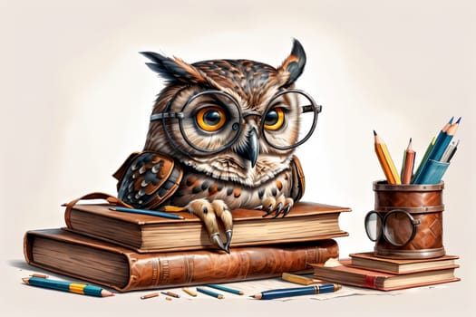 cute owl in glasses with books .