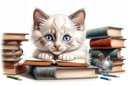 cute kitten student with textbooks .