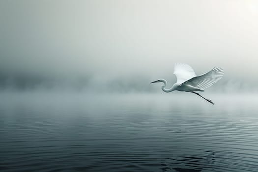 A white bird is flying over a body of water. The water is calm and still, with ripples forming around the bird. The scene is peaceful and serene, with the bird soaring high above the water