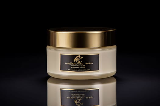 A small jar of cream with gold trim. The cream is white and has a gold lid. The jar is sitting on a black background