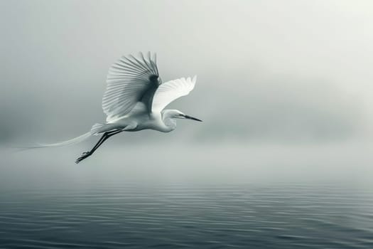 A white bird is flying over a body of water. The water is calm and still, with ripples forming around the bird. The scene is peaceful and serene, with the bird soaring high above the water