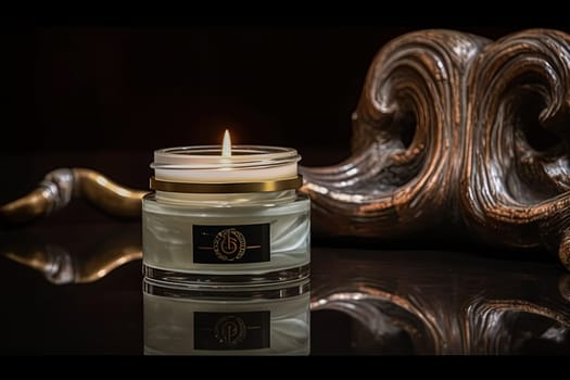 A candle is lit in a glass jar on a table. The jar is surrounded by a sculpture of a man's face