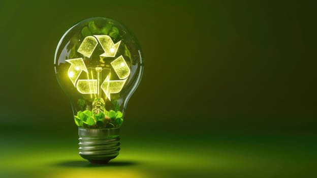 A light bulb with a green recycling symbol on it. The bulb is lit up and surrounded by green plants. Concept of sustainability and the importance of recycling