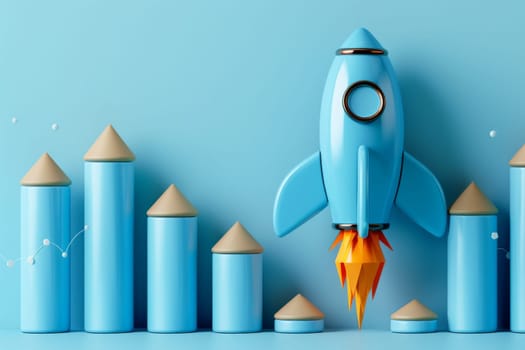Business growth and startup concept. Rocket and financial chart on blue background.