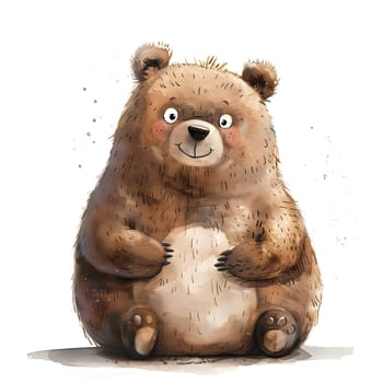 A brown bear, a terrestrial carnivore animal, is depicted as a toy in art form, with a smiling expression, sitting on a white background with its fluffy fur and distinctive snout