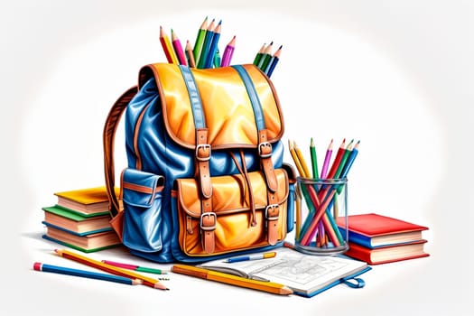 school backpack with books and school supplies .