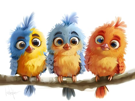 Three plush toy birds with colorful feathers are perched happily on a tree branch. Each bird has a soft fur texture, a cute beak, and an artful design