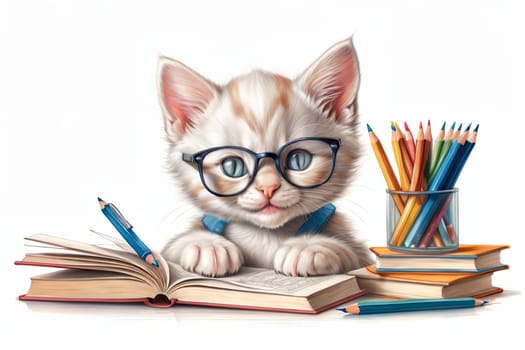 cute kitten student with textbooks .