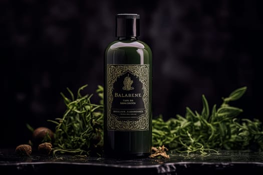 There is a bottle of herbal shampoo with herbs and a small bowl on the table. The bottle is green and the label says Herbal. The herbs and bowl create a natural and calming atmosphere.