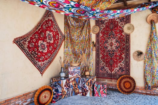 Beautiful vintage traditional Arabic red handmade carpets at the oriental bazaar in Uzbekistan in Tashkent