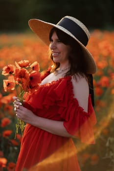 Woman poppy field red dress hat. Happy woman in a long red dress in a beautiful large poppy field. Blond stands with her back posing on a large field of red poppies