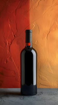 A glass bottle of red wine is displayed on a table against a red and gold wall, accompanied by a bottle stopper saver made of wood