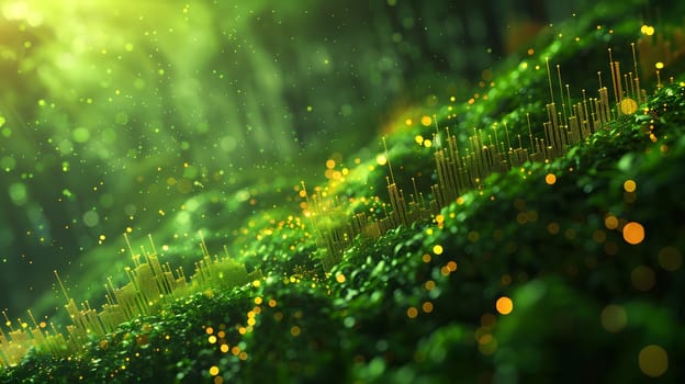 A close up of a terrestrial plant with vibrant green leaves and golden sparkles emanating from it, enhancing the natural landscape with a touch of magic