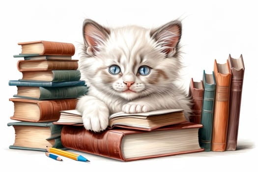 cute kitten student with textbooks .