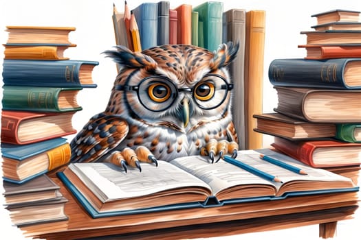 cute owl in glasses with books .